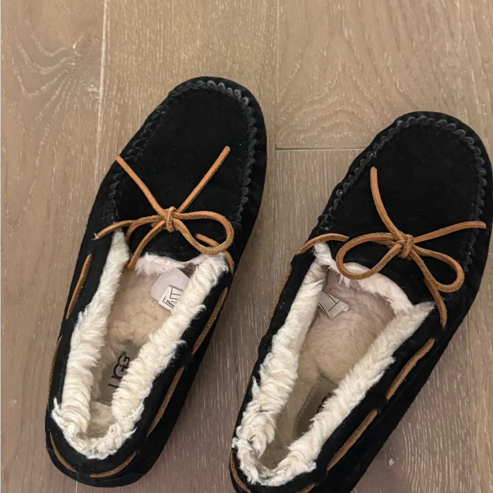 UGG Black Suede Moccasins with Brown Laces